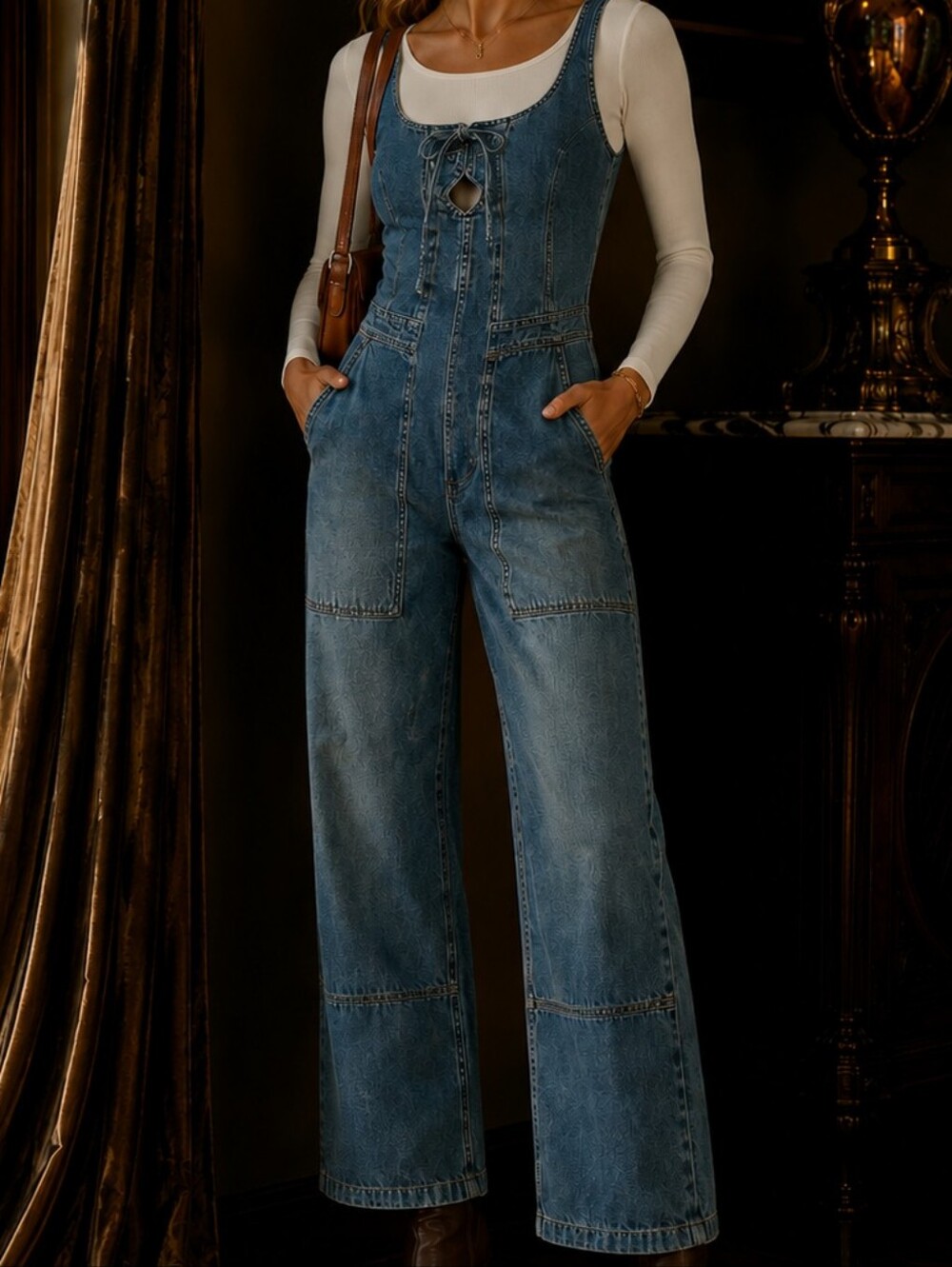 We The Free Free People Amina Denim Wide-Leg Jumpsuit Jeans Blue XS 0 2 Boho